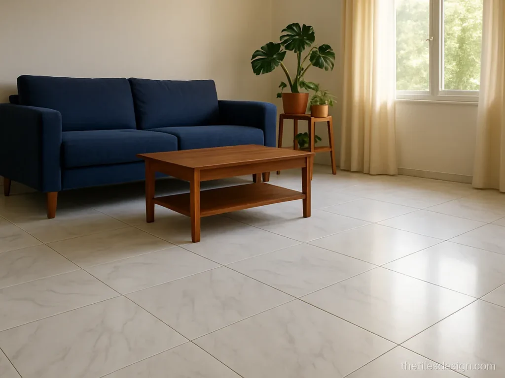 White Carrara marble look floor tiles with soft grey veins in a hall