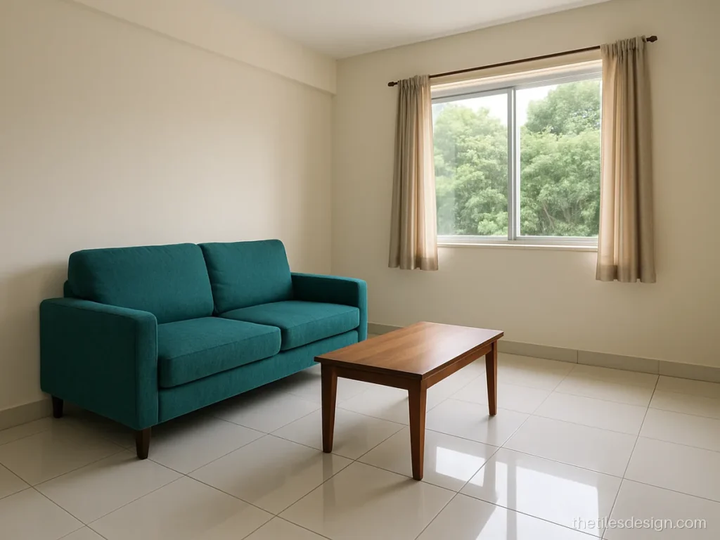 White glossy floor tiles in a small apartment living room