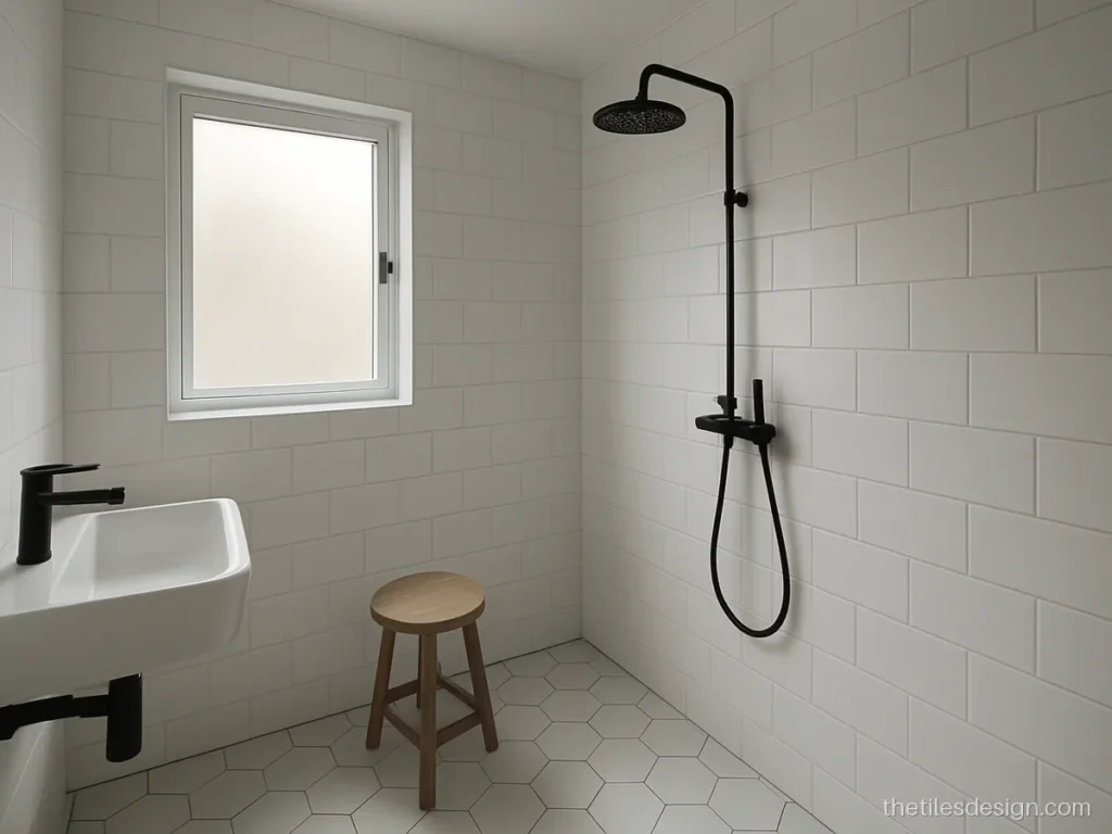 White hexagon floor tiles in a bathroom with black fittings