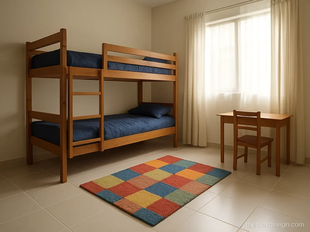 Off white matt floor tiles in a kids bedroom with bunk bed