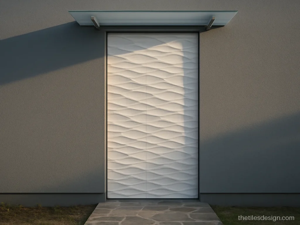 3D front elevation tiles design with a white wave pattern panel