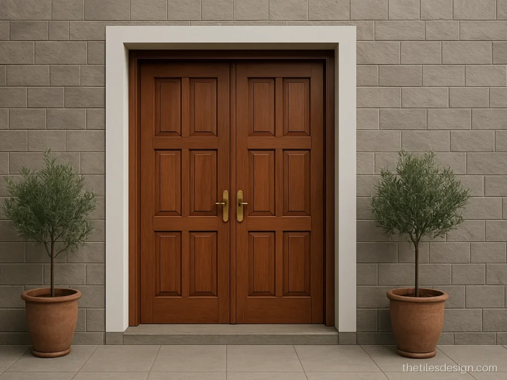 3D elevation tiles with stone relief blocks around a house entrance