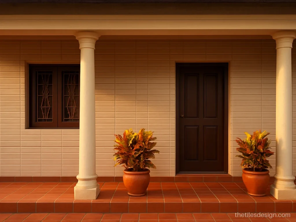 3D tiles for front wall with raised horizontal stripes in beige