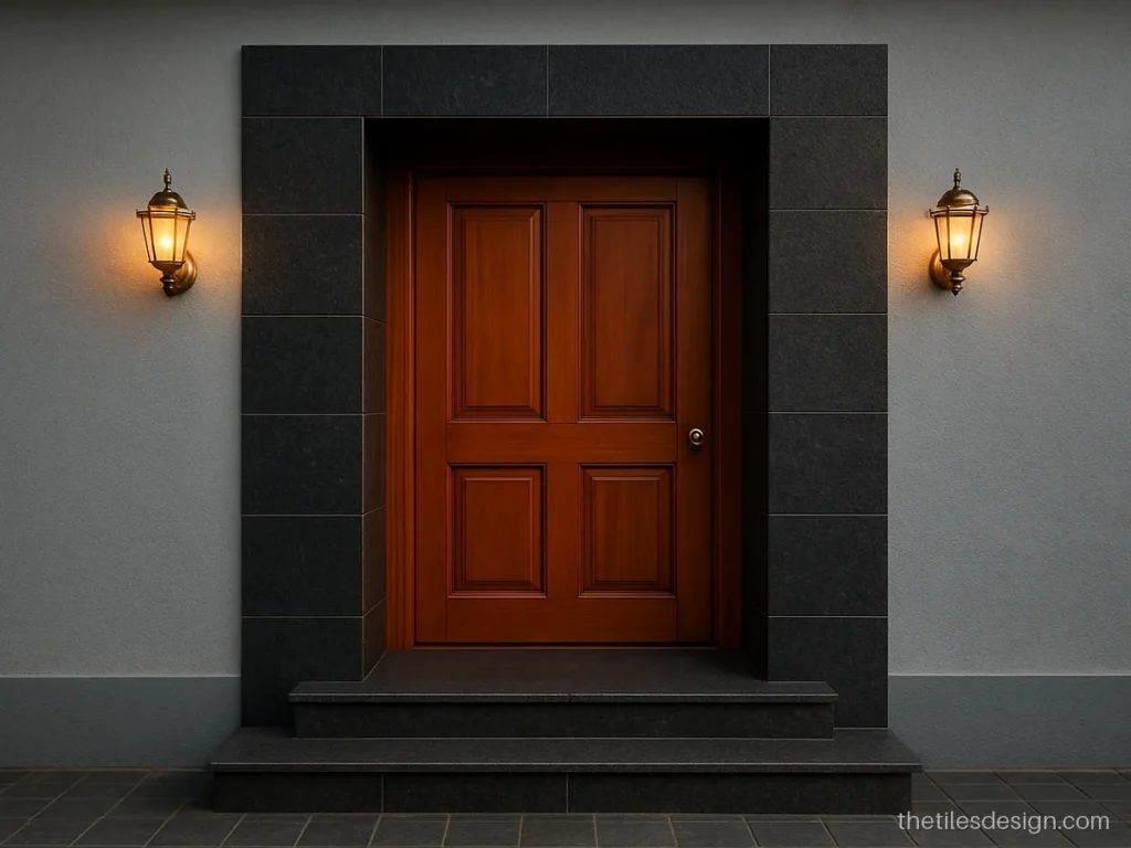 Front wall granite designs with black flamed granite panels near the door