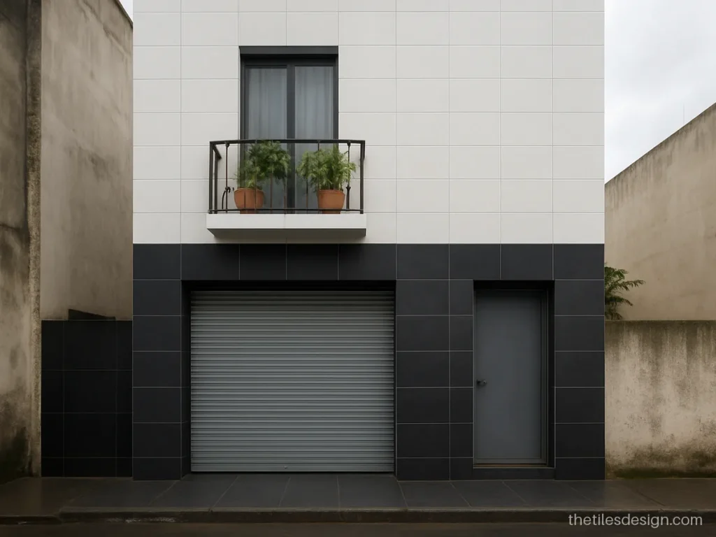 Home front wall tiles in black and white for a narrow row house