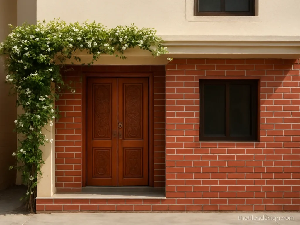 Brick elevation tiles on the ground floor of an Indian house front