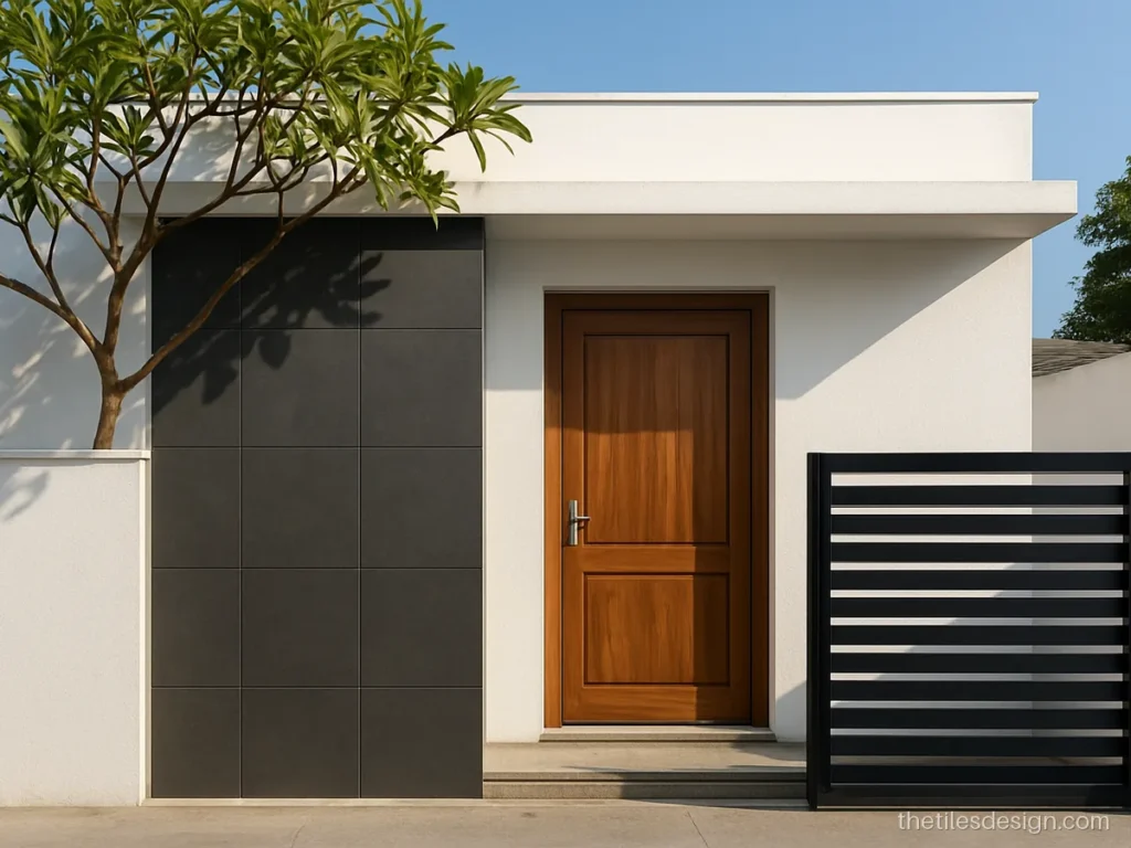 Modern front wall tiles design with a charcoal grey slab feature panel