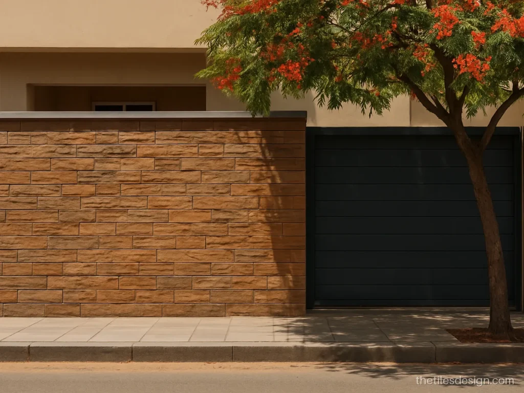 House front tiles on the compound wall with brown stone strip cladding