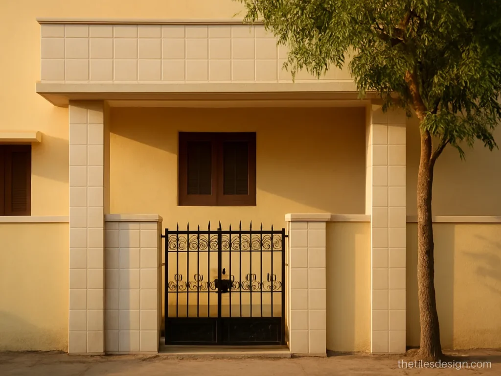 Front elevation tiles design with cream tiles on columns and balcony fronts