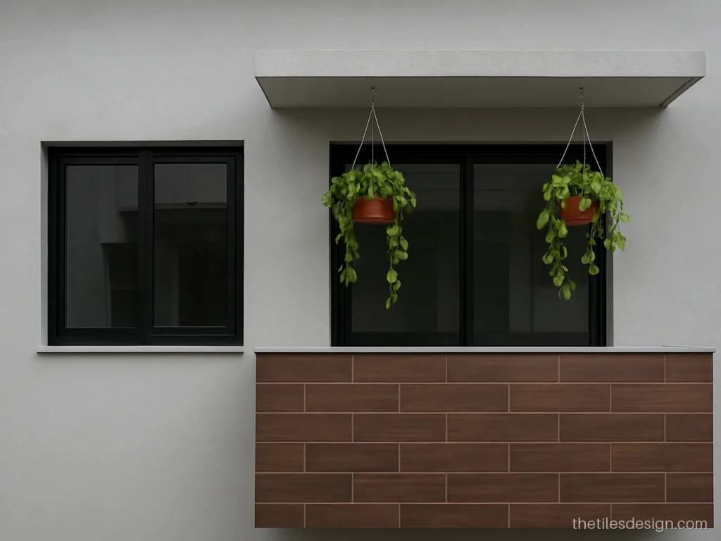 Home front tiles design with dark walnut wood look tiles on balcony walls