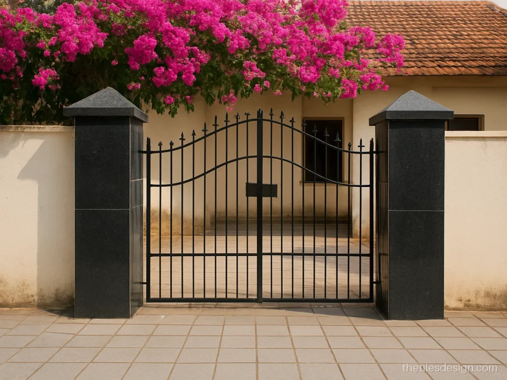 Gate pillar cladding in black granite with a matching cap stone