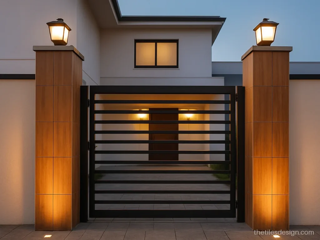 Gate pillars with wood look tiles and lamp caps on a modern home
