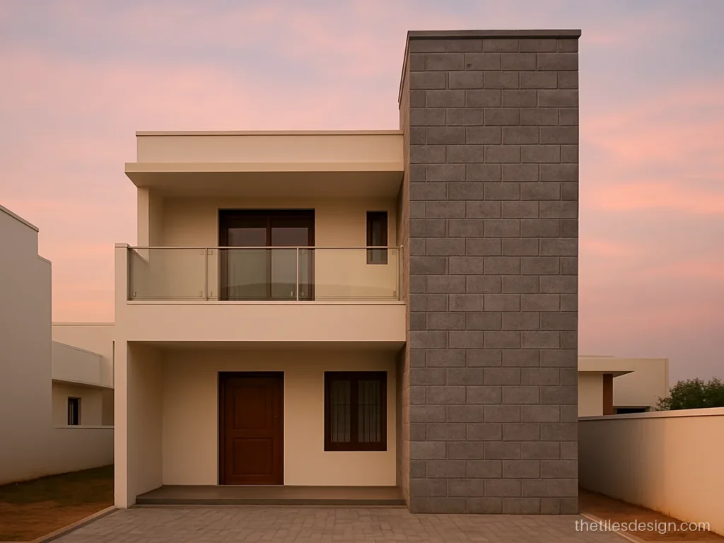 Elevation wall tiles in grey stone texture on a modern duplex front