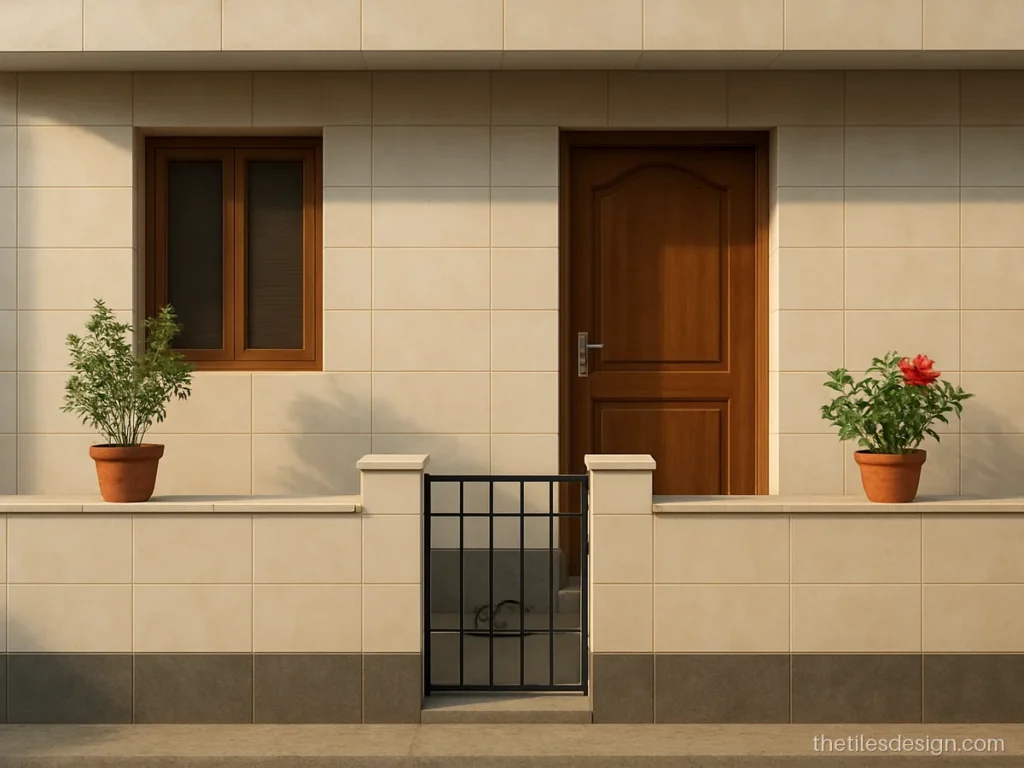 Home front tiles matching the compound wall in cream and grey tiles