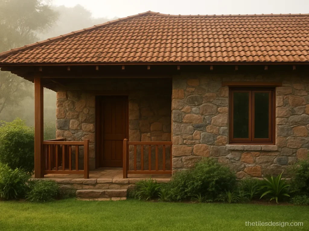 Natural elevation stones in a random pattern on the front wall of a house