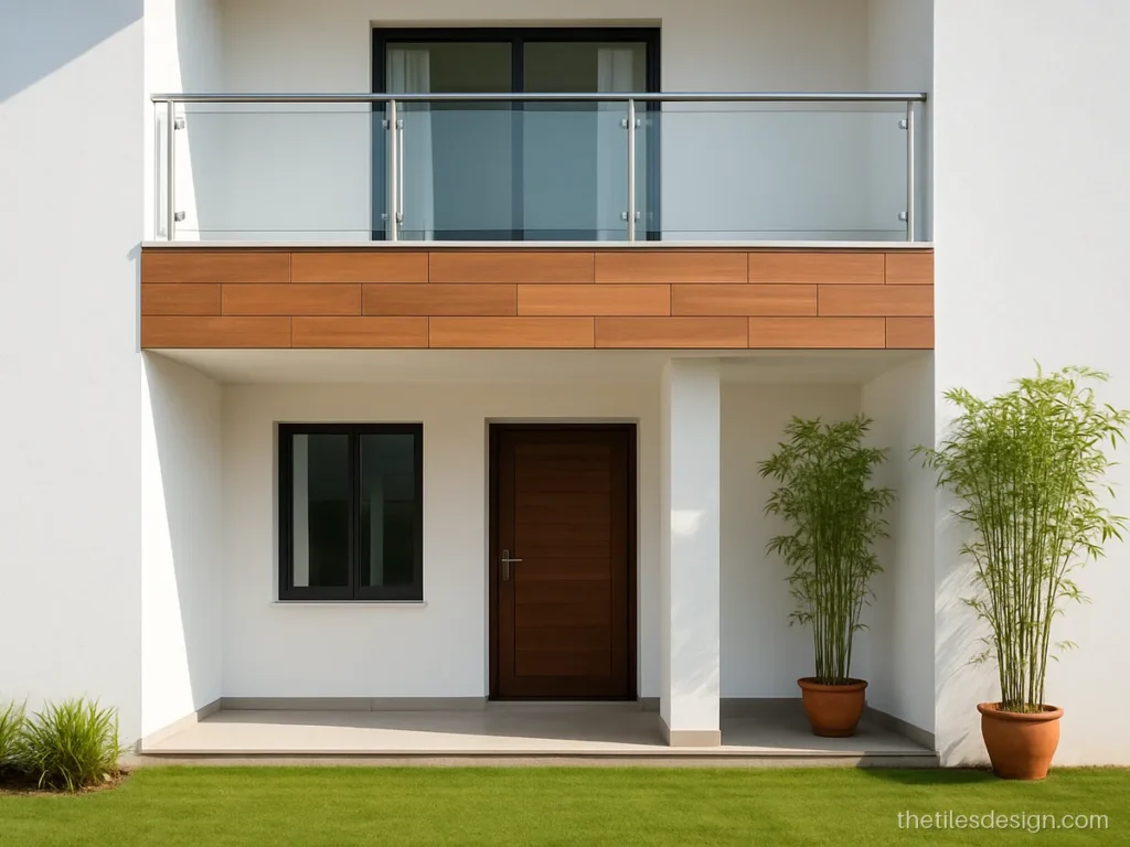 Wooden tiles for front wall as a teak band on a white house