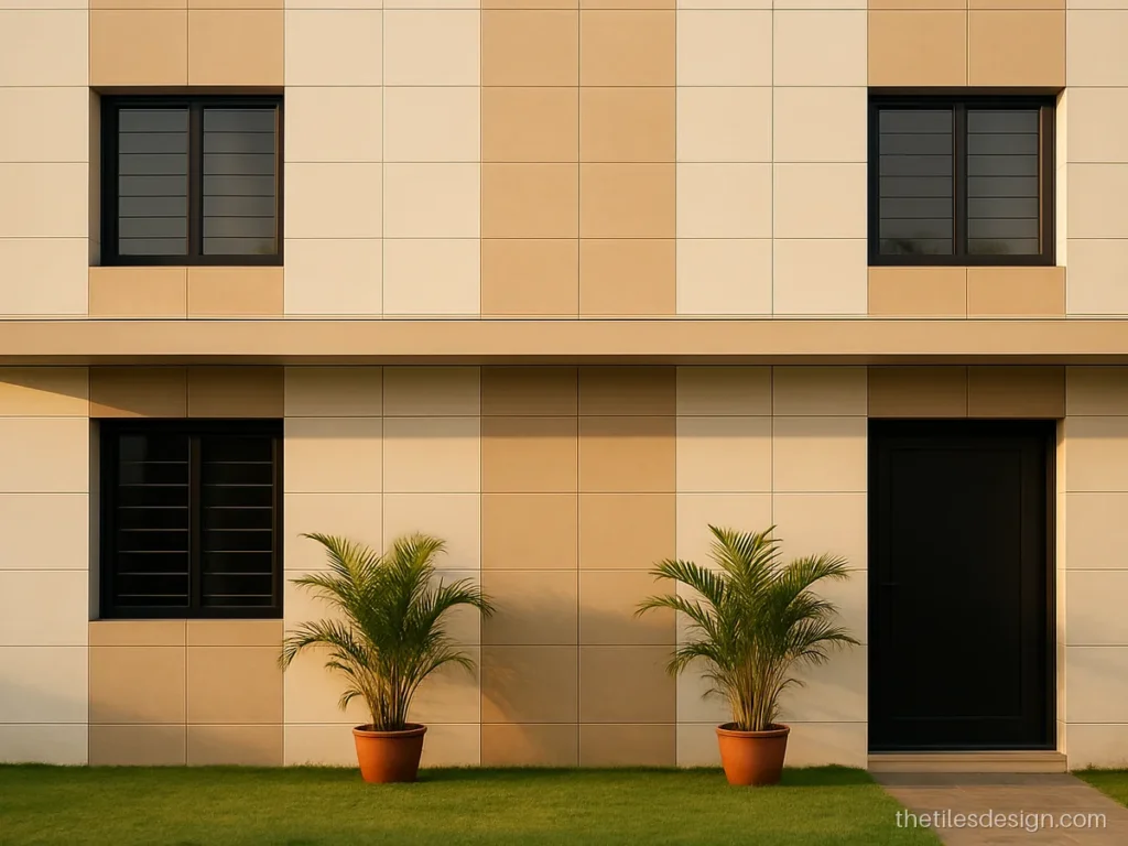 House front tiles design in white and beige two tone vertical bands