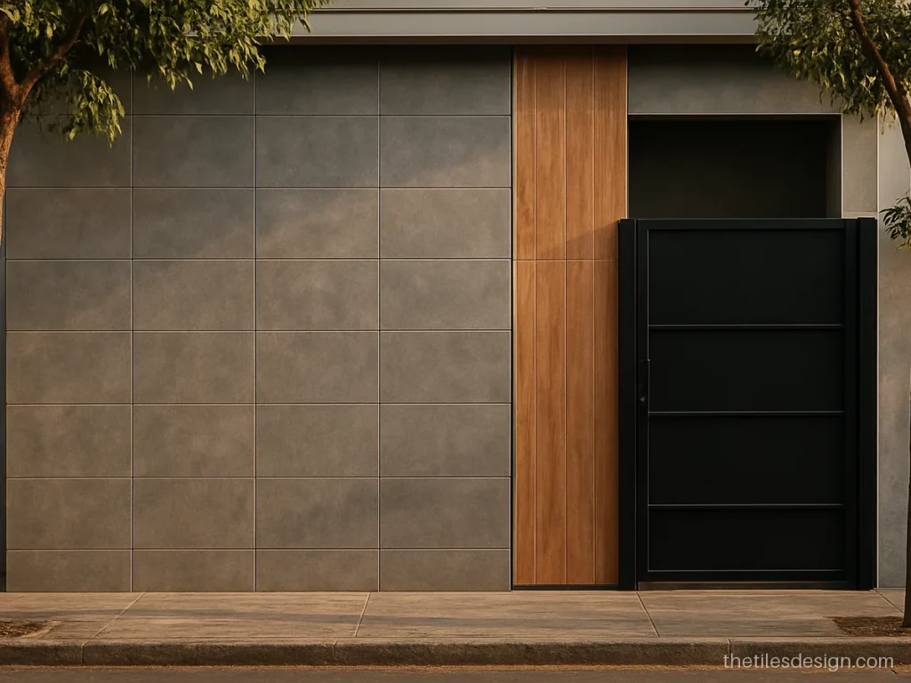 Wooden tiles for front elevation paired with grey concrete look tiles