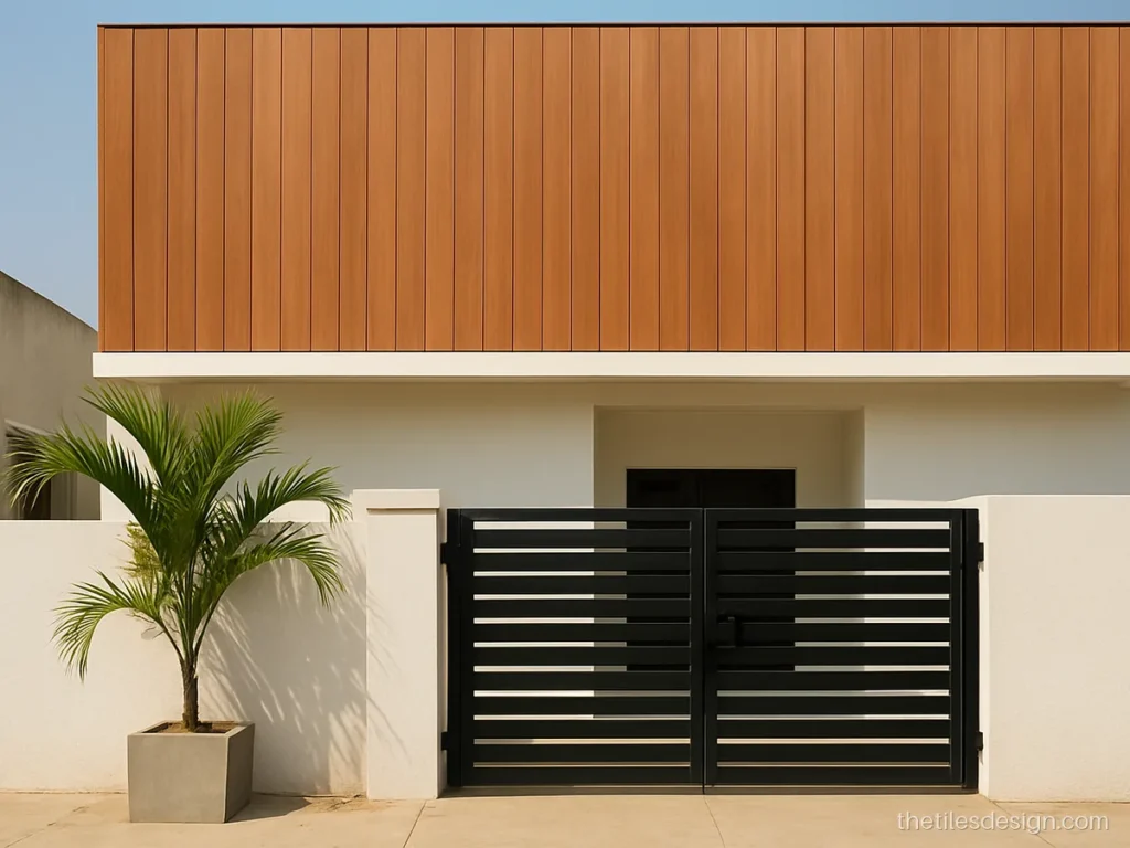 Wooden elevation tiles in vertical slats on a modern house front