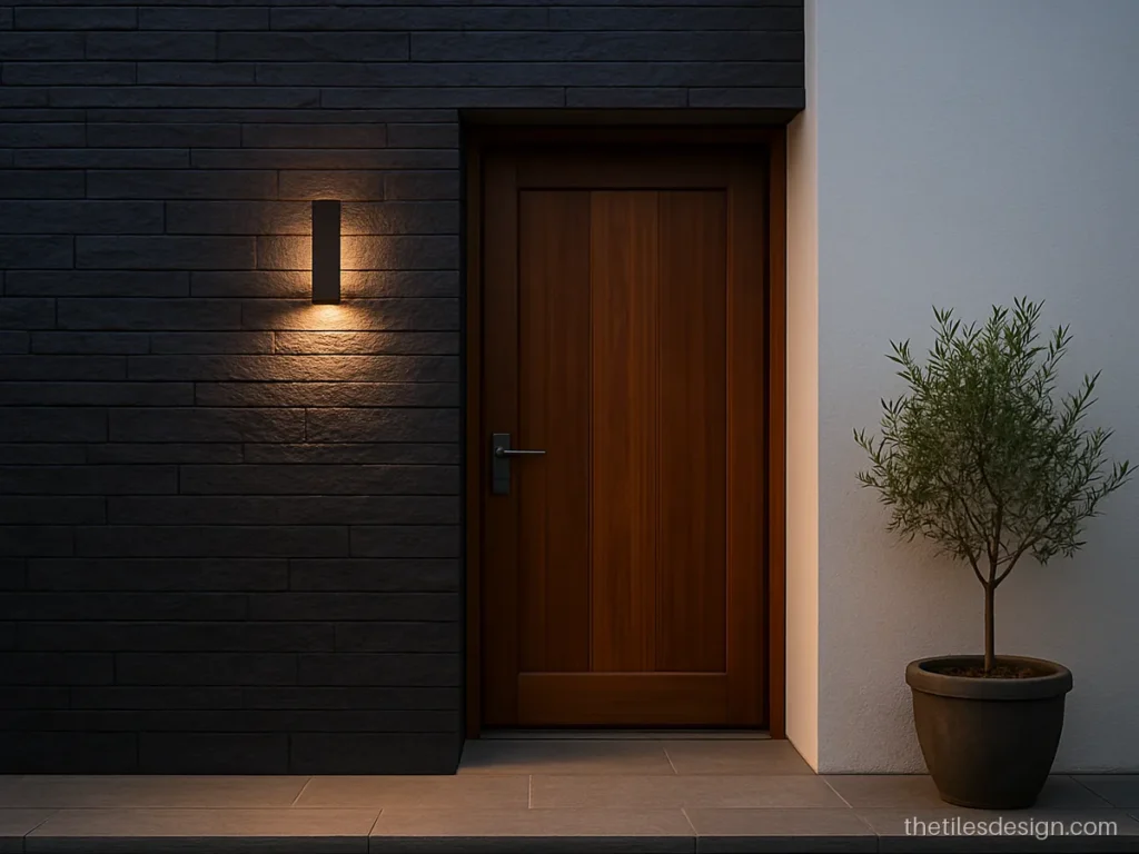 Black stone tiles for walls with a rough texture on a modern entrance