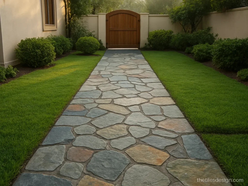 Crazy stone flooring with irregular pieces on a garden path