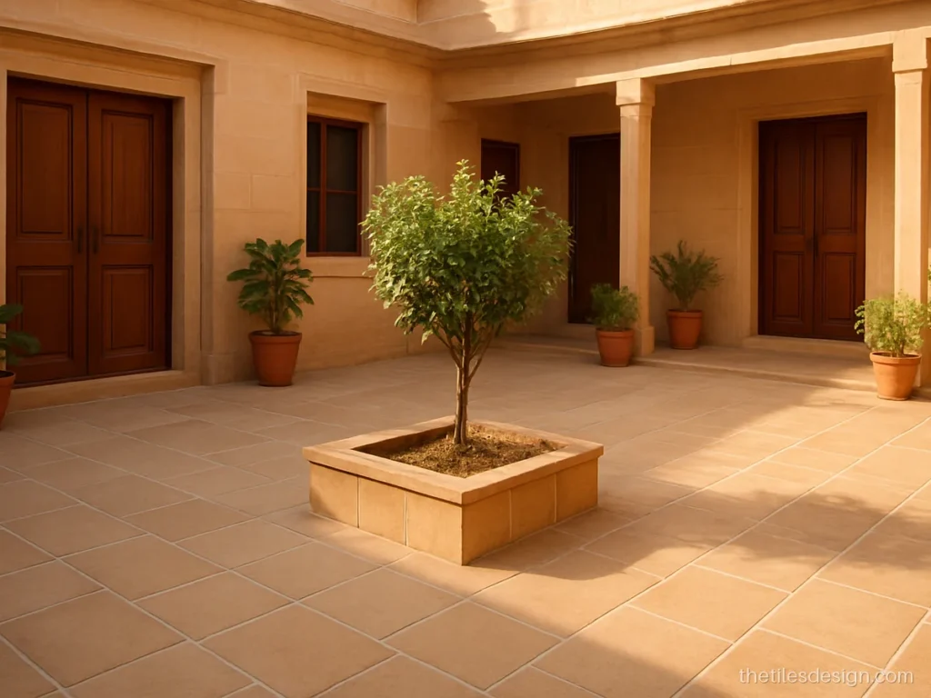 Dholpuri tiles in beige sandstone for an open courtyard floor