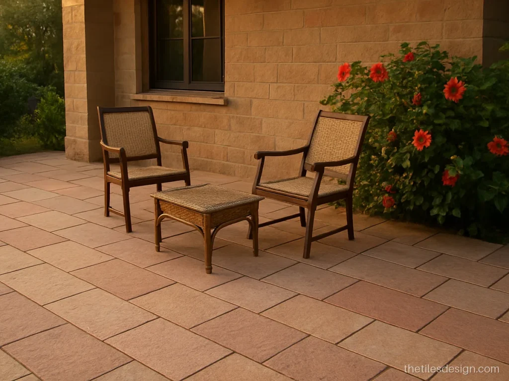 Dholpuri tiles design in pink and beige pattern for a garden sit-out