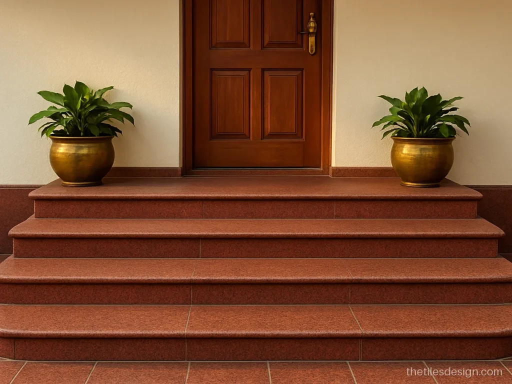 Flamed red granite steps leading to a front porch