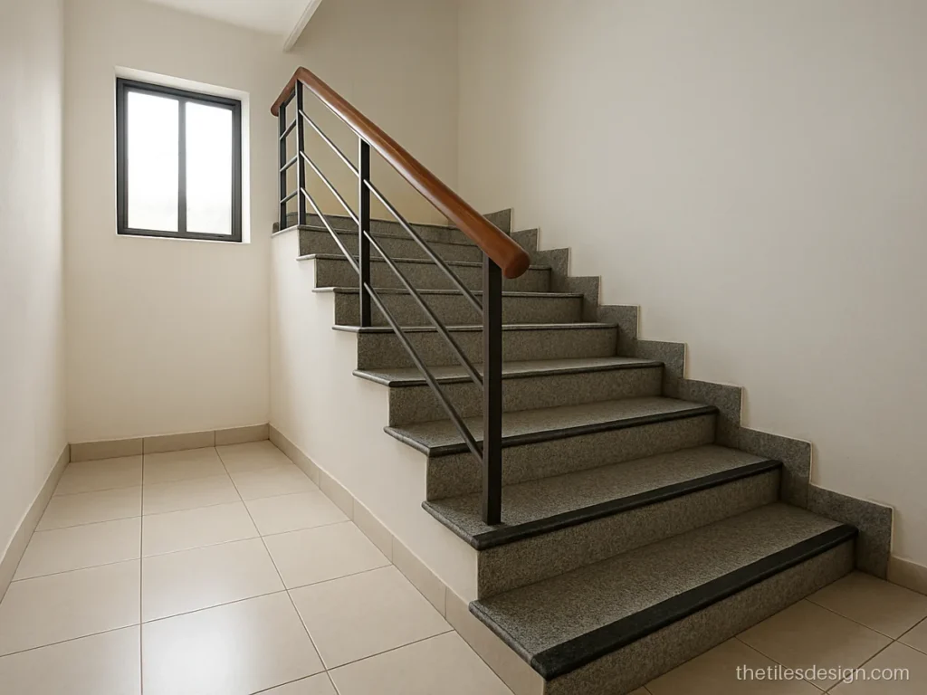Granite steps in grey with a flamed black nosing strip on each tread