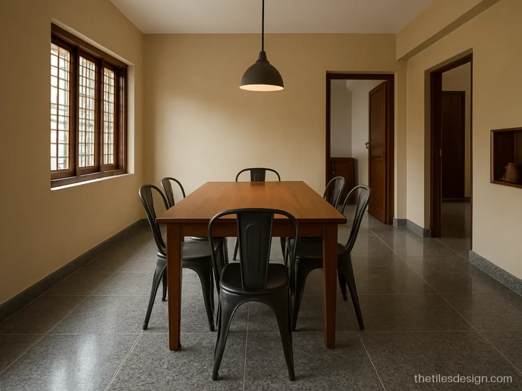 Grey speckled granite flooring in a dining area with a honed finish