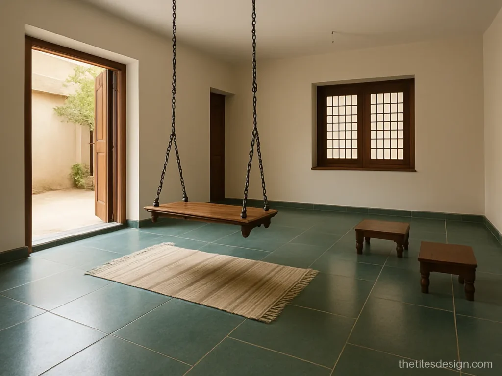Polished Kota stone floor in blue green for a simple living room