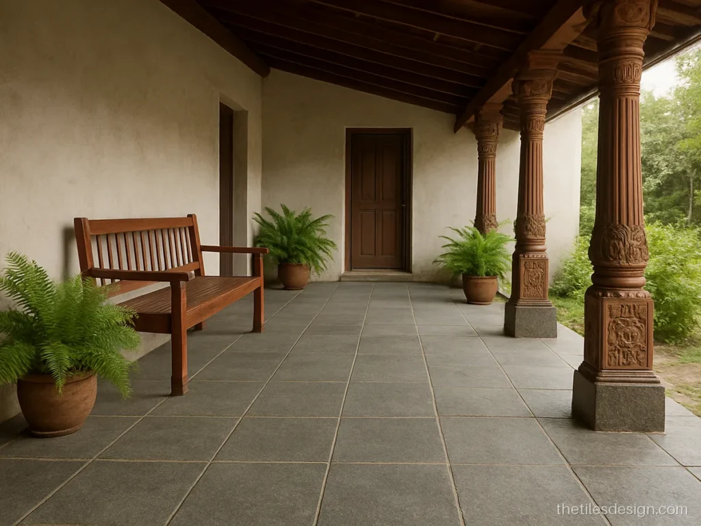 Kota stone floor in rough finish on a veranda with wooden pillars