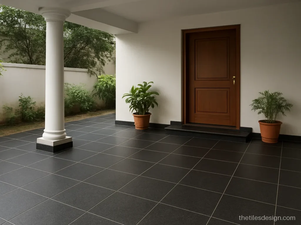 Leather finish black granite tiles on a car parking floor