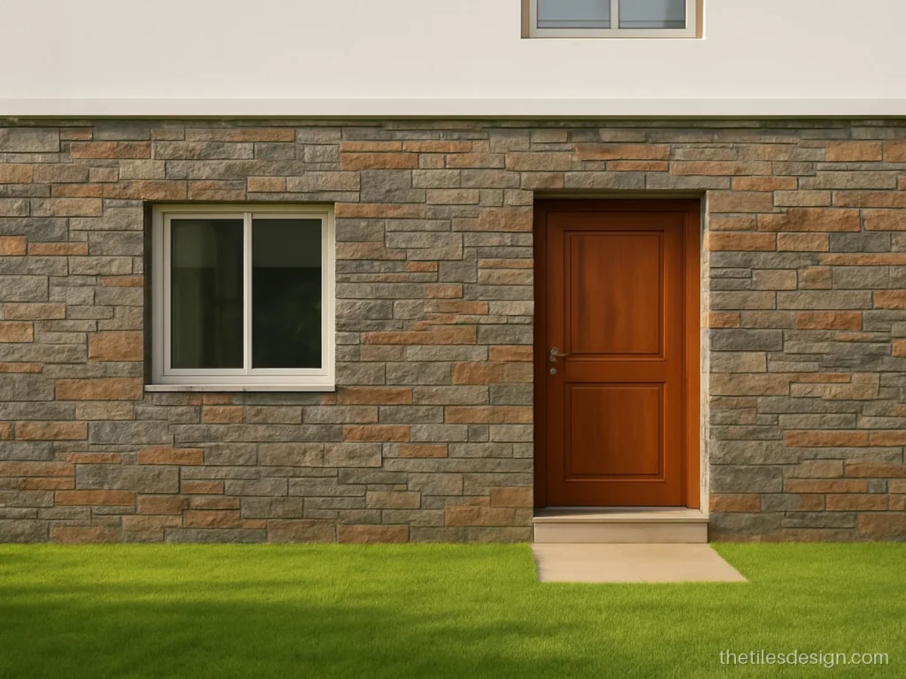 Natural stone cladding in grey and rust tones on the front wall of a house