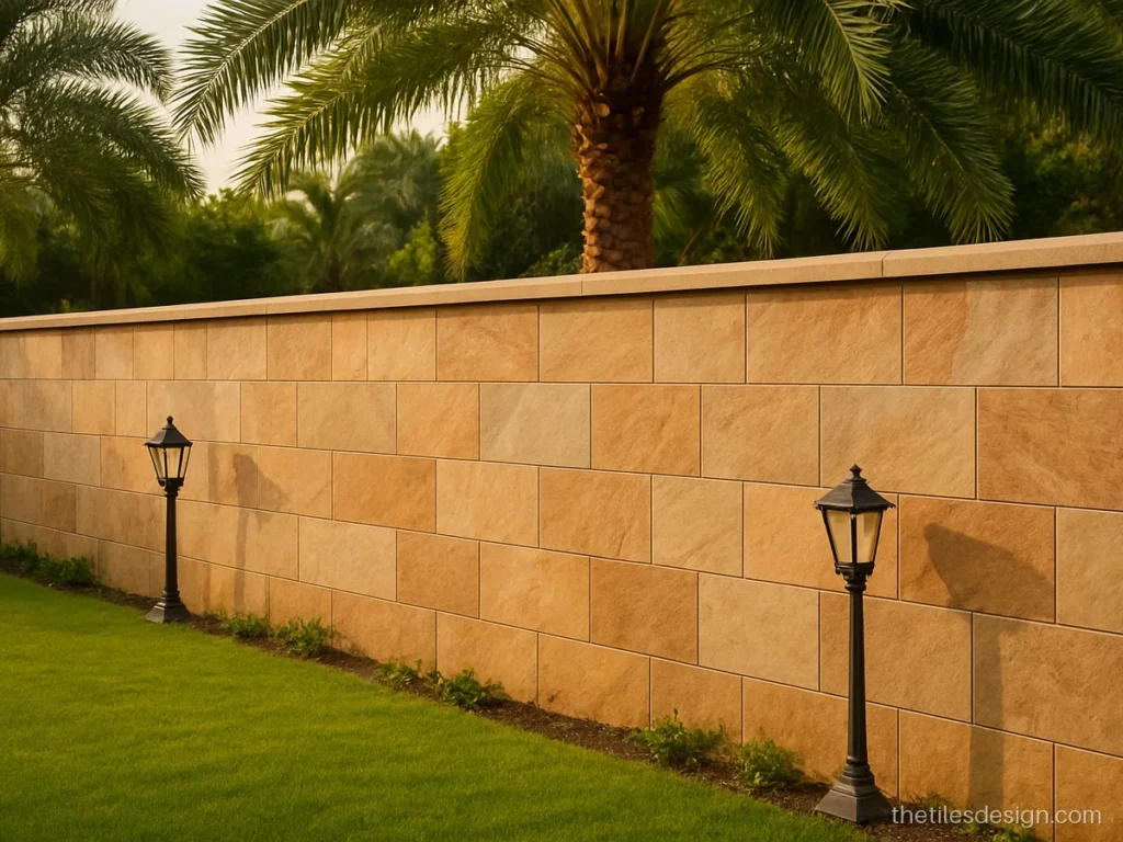 Natural stone wall tiles in sandstone on a garden boundary wall