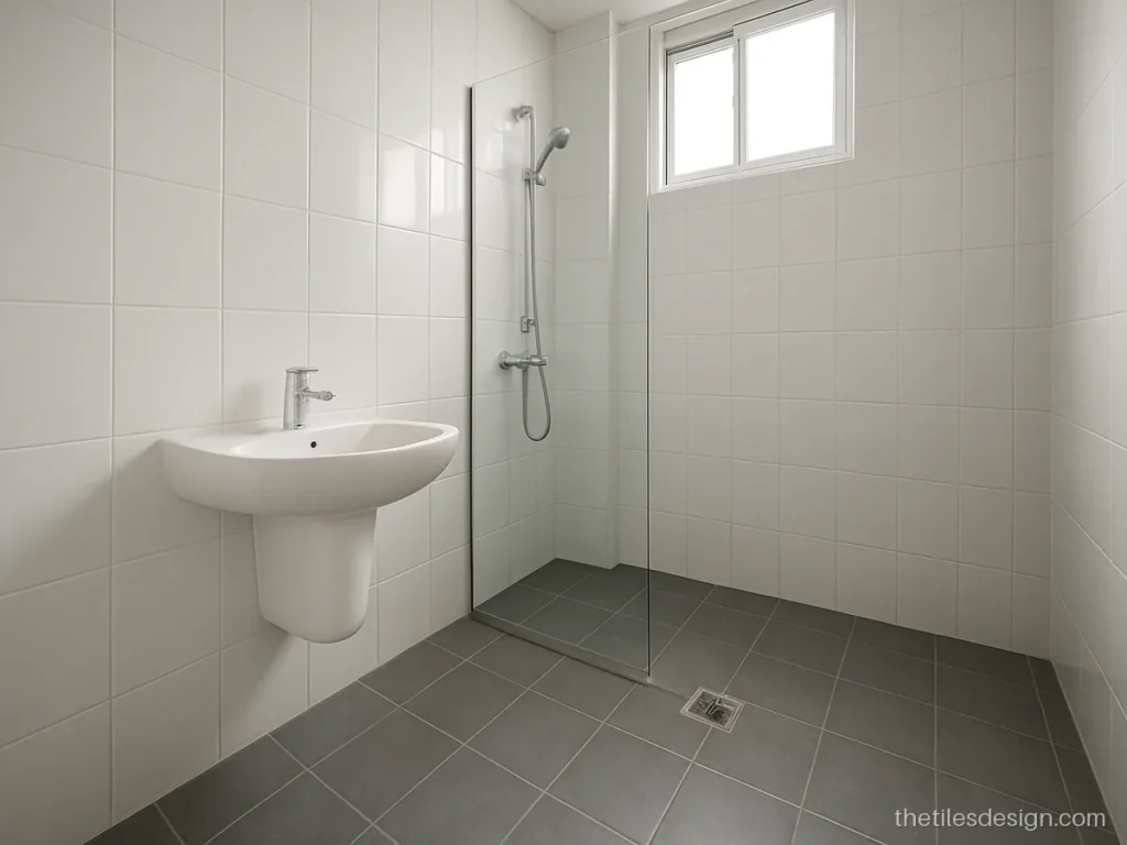 Stone look tile in matt grey on a bathroom floor for anti-skid safety