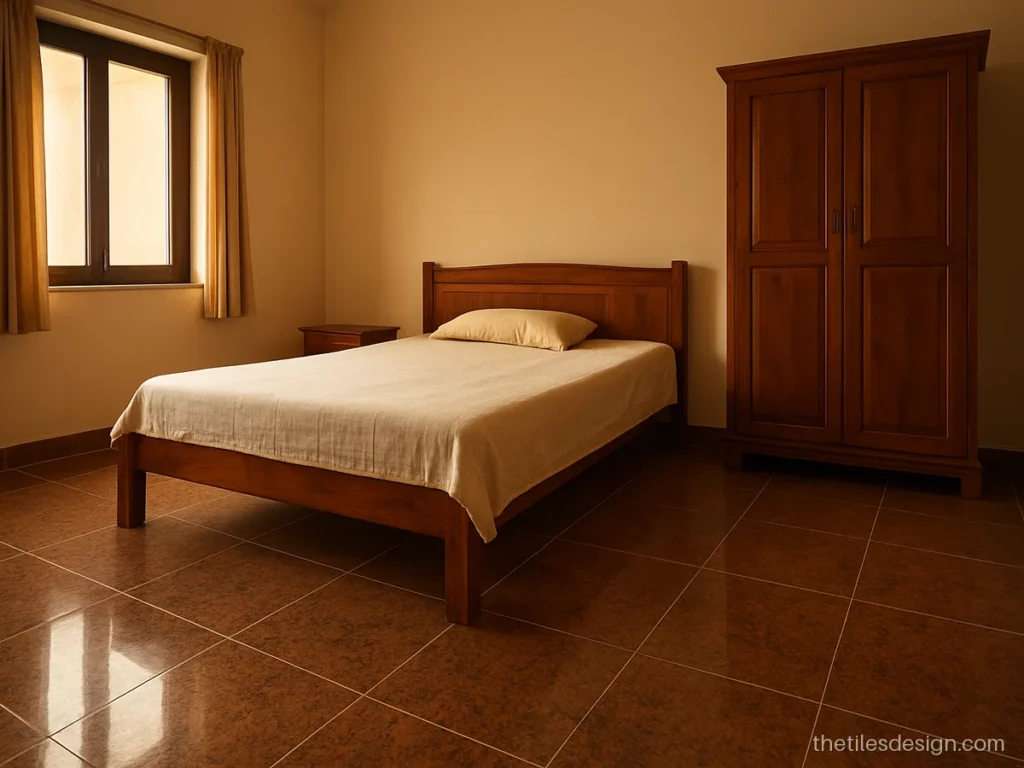 Tan brown granite tiles in a bedroom floor with warm brown and black grains