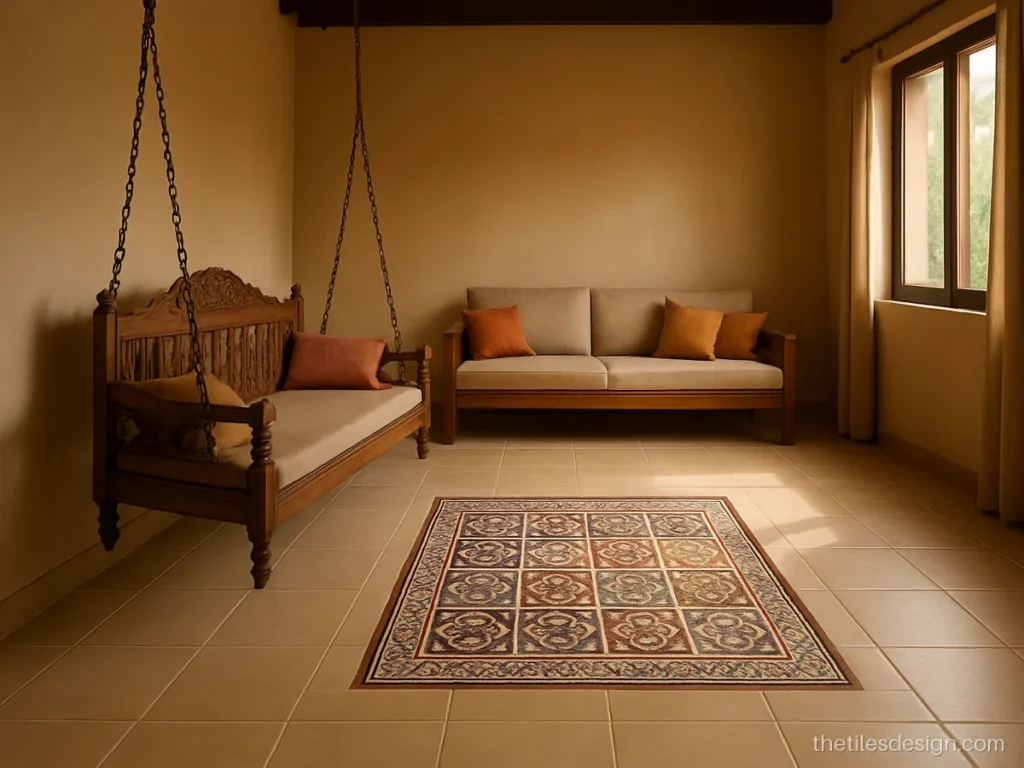 Patterned tile rug inlay at the centre of a beige living room floor