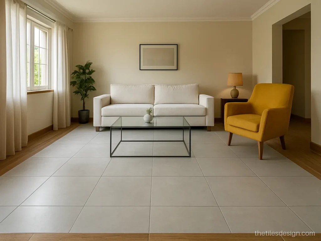 Grey hall floor tiles with a wood look border strip near the walls