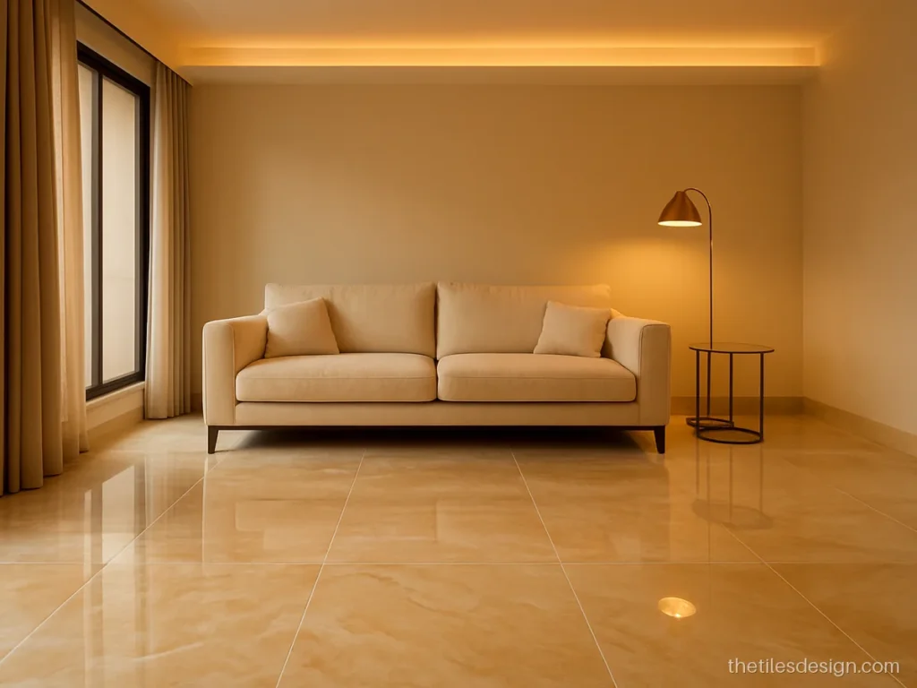 Glossy beige onyx look floor tiles in a living room with warm lights