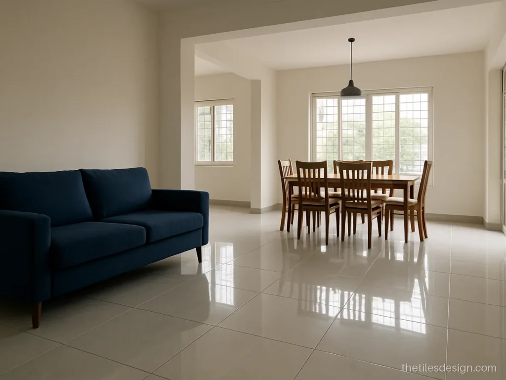 Grey glossy tiles living room and dining area with a single floor tile