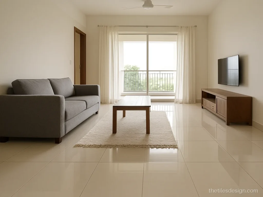 Hall tiles design with ivory glossy double charge vitrified tiles and a grey sofa