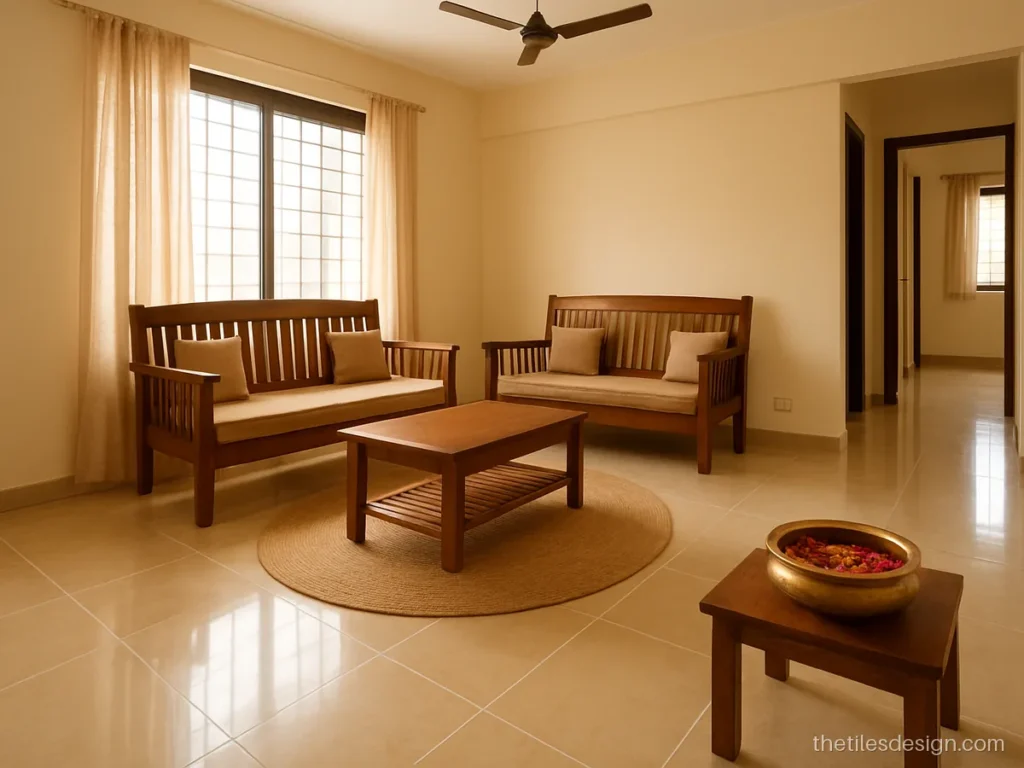 Beige marble look tiles laid diagonally in a square living hall