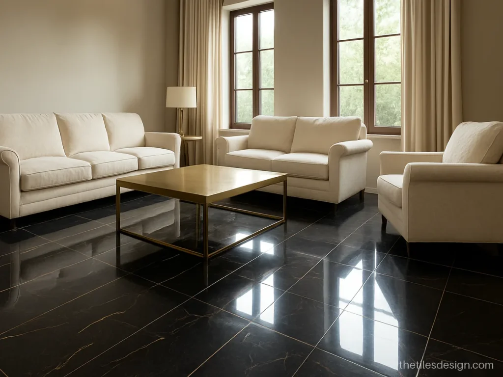 Black marble look floor tiles with gold veins in a formal living room