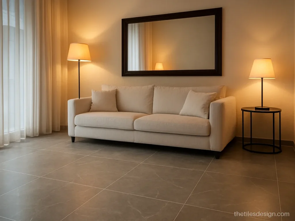 Grey marble look hall floor tiles with fine white veins and a white sofa