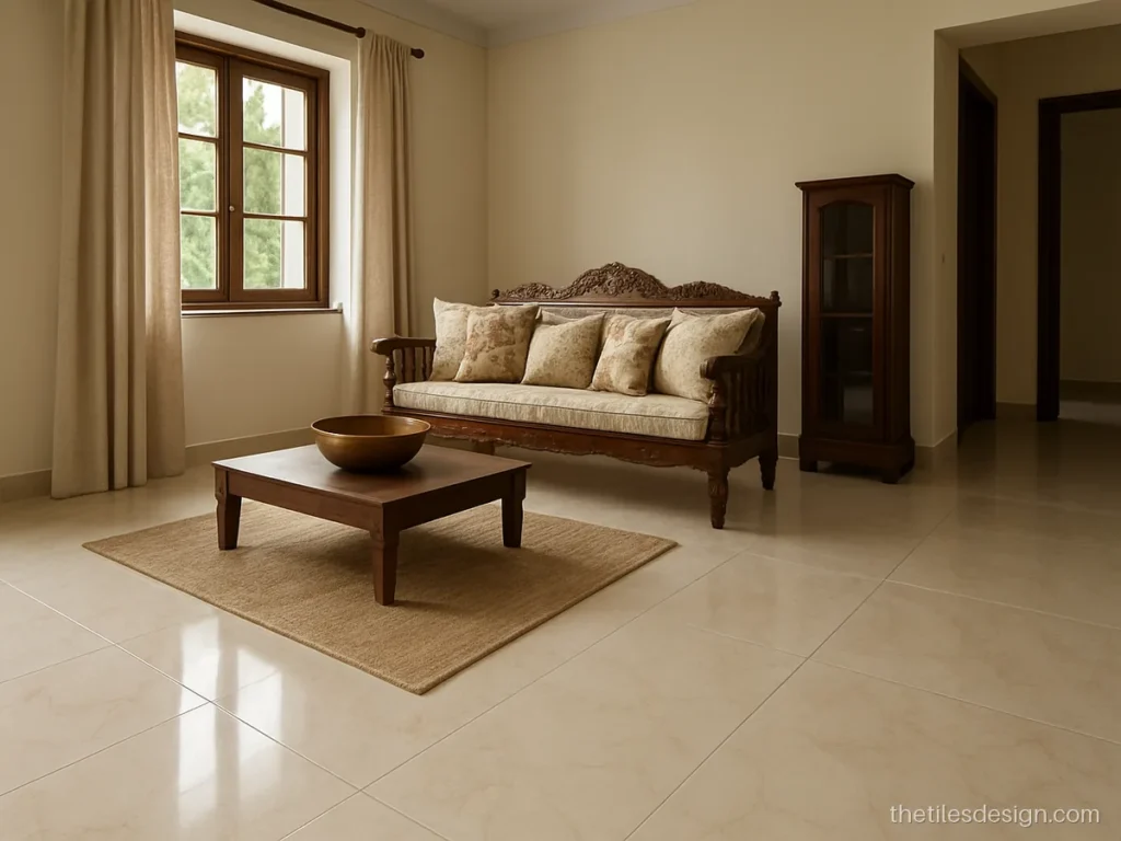 Drawing room tiles design in cream marble look satin tiles with a wooden sofa