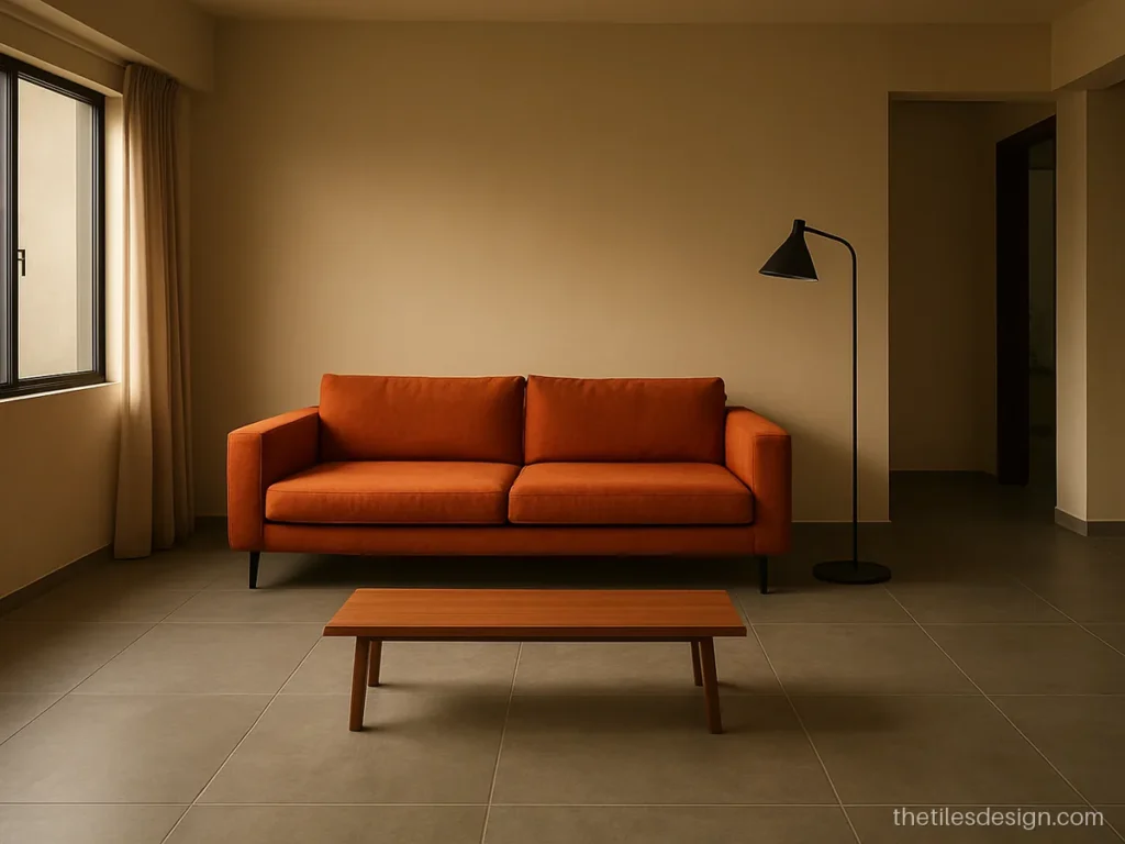 Concrete grey matt slab tiles in a modern living hall