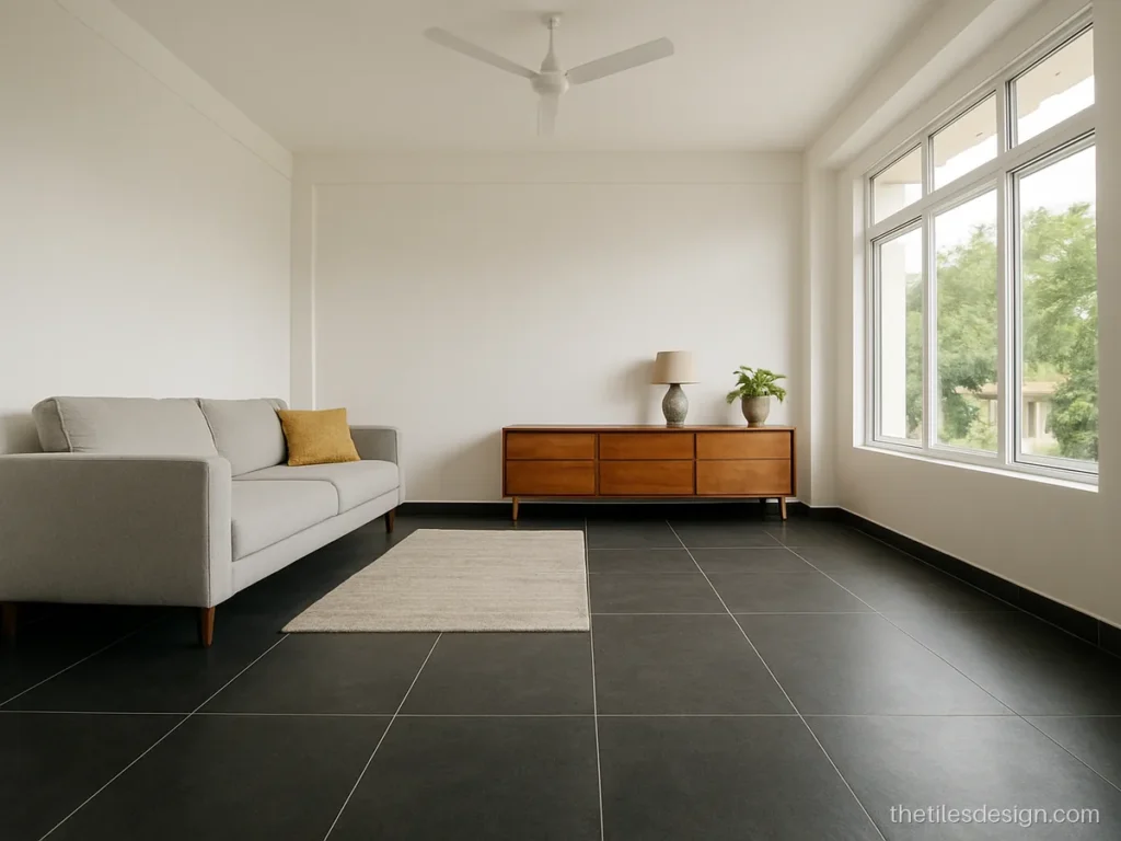 Dark stone look large floor tiles in a living hall with light walls