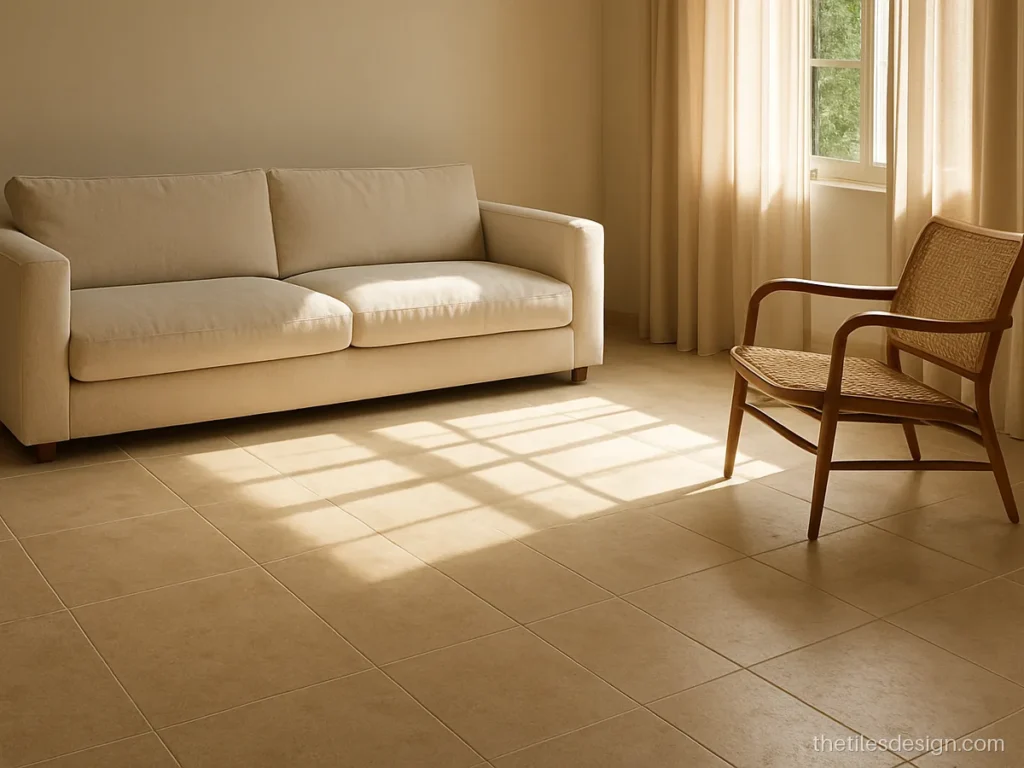 Travertine look beige slab floor tiles in a sunny living room