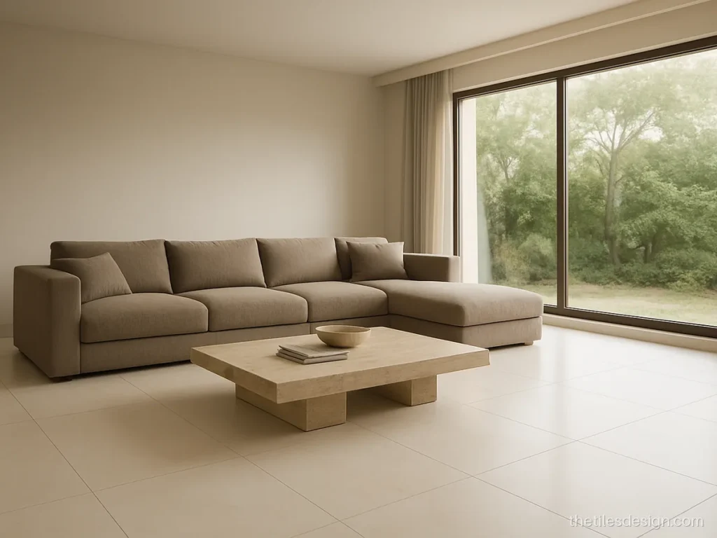 Large warm white porcelain slab tiles in a luxury living room